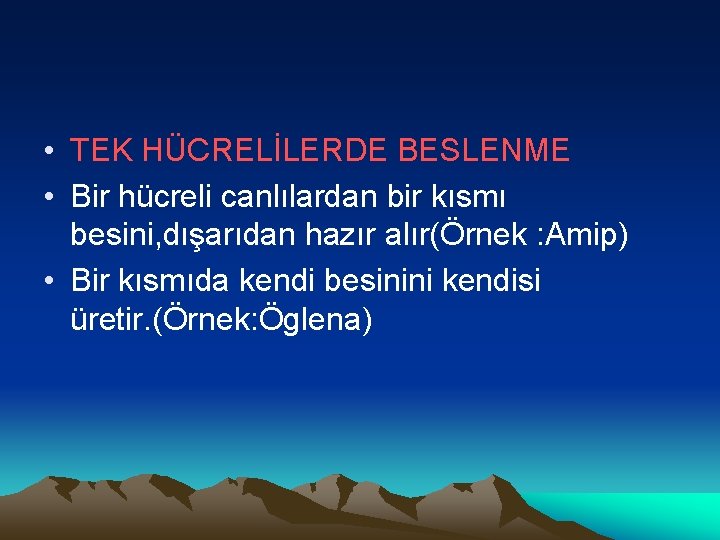  • TEK HÜCRELİLERDE BESLENME • Bir hücreli canlılardan bir kısmı besini, dışarıdan hazır