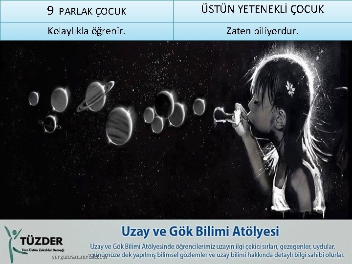 9 PARLAK ÇOCUK Kolaylıkla öğrenir. sorgunram. meb. k 12. tr ÜSTÜN YETENEKLİ ÇOCUK Zaten