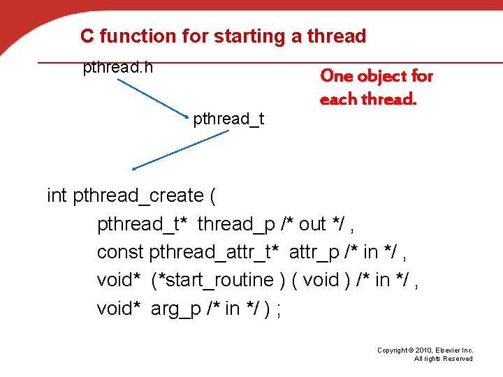 C function for starting a thread pthread. h pthread_t One object for each thread.