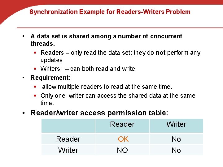 Synchronization Example for Readers-Writers Problem • A data set is shared among a number