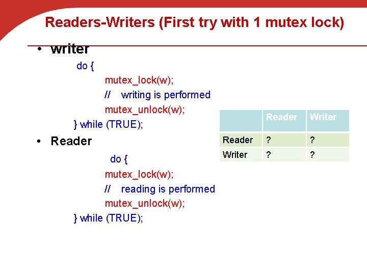 Readers-Writers (First try with 1 mutex lock) • writer do { mutex_lock(w); // writing
