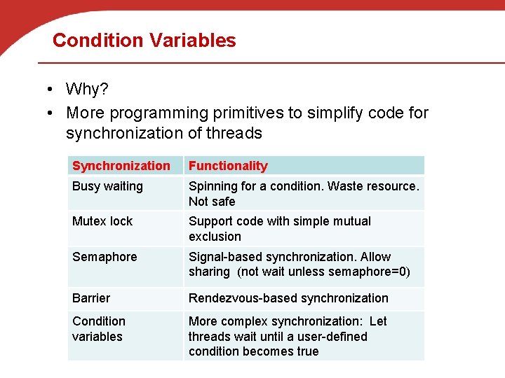 Condition Variables • Why? • More programming primitives to simplify code for synchronization of