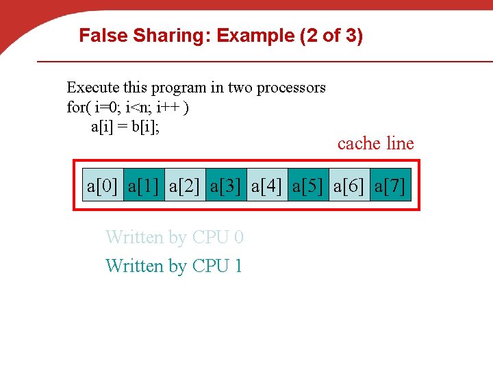 False Sharing: Example (2 of 3) Execute this program in two processors for( i=0;