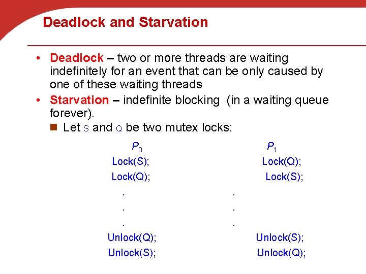 Deadlock and Starvation • Deadlock – two or more threads are waiting indefinitely for