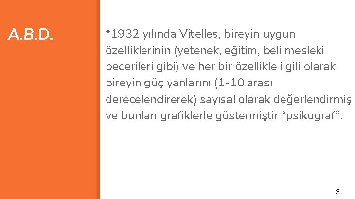 A. B. D. *1932 yılında Vitelles, bireyin uygun özelliklerinin (yetenek, eğitim, beli mesleki becerileri