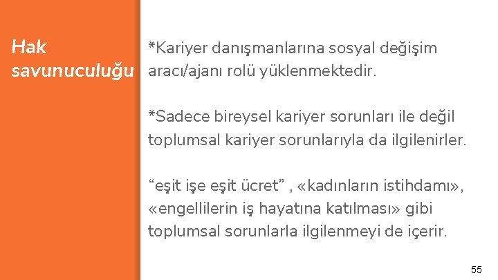 *Kariyer danışmanlarına sosyal değişim Hak savunuculuğu aracı/ajanı rolü yüklenmektedir. *Sadece bireysel kariyer sorunları ile