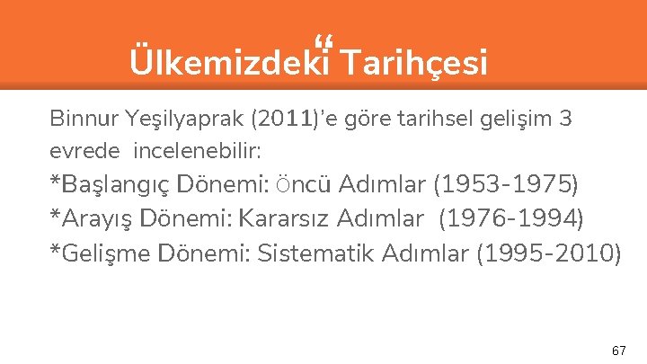 “ Ülkemizdeki Tarihçesi Binnur Yeşilyaprak (2011)’e göre tarihsel gelişim 3 evrede incelenebilir: *Başlangıç Dönemi: