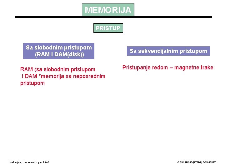MEMORIJA PRISTUP Sa slobodnim pristupom (RAM i DAM(disk)) RAM (sa slobodnim pristupom i DAM
