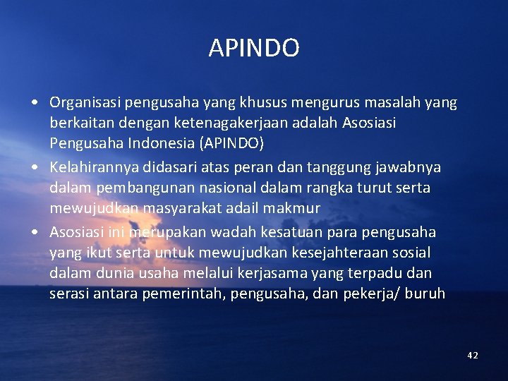 APINDO • Organisasi pengusaha yang khusus mengurus masalah yang berkaitan dengan ketenagakerjaan adalah Asosiasi
