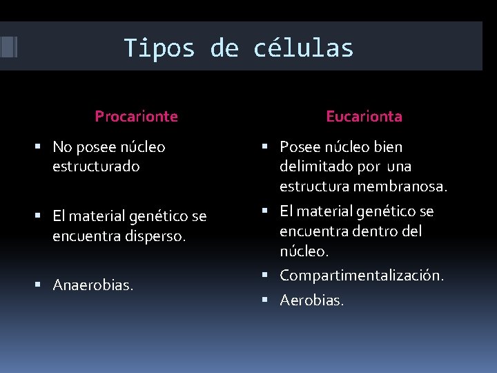 Tipos de células Procarionte Eucarionta No posee núcleo estructurado Posee núcleo bien delimitado por