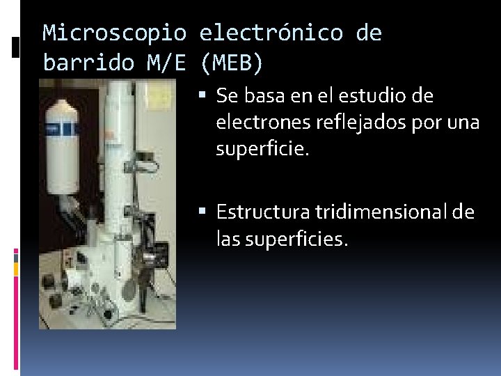 Microscopio electrónico de barrido M/E (MEB) Se basa en el estudio de electrones reflejados