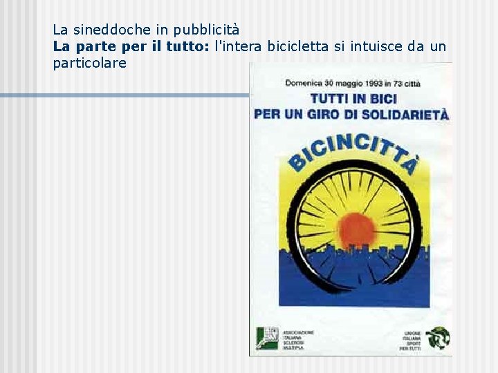 La sineddoche in pubblicità La parte per il tutto: l'intera bicicletta si intuisce da La sineddoche in pubblicità La parte per il tutto: l'intera bicicletta si intuisce da