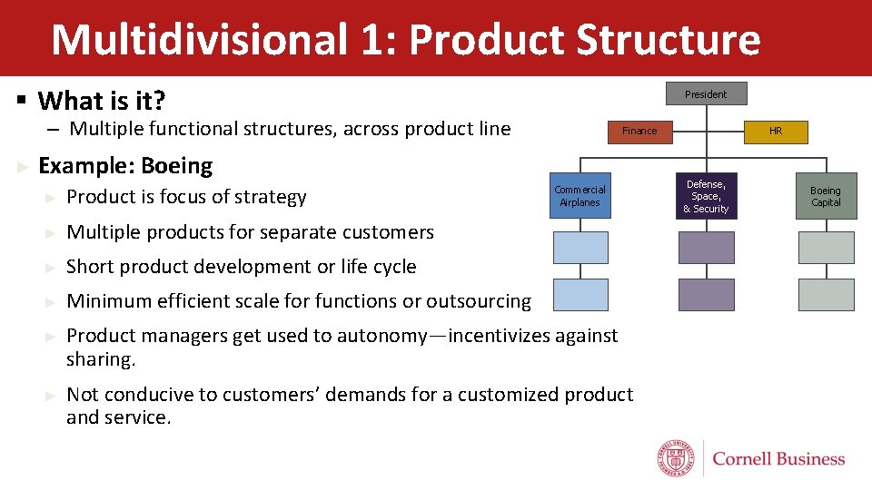 Multidivisional 1: Product Structure § What is it? President – Multiple functional structures, across