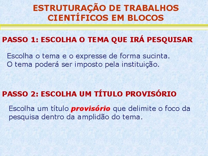 ESTRUTURAÇÃO DE TRABALHOS CIENTÍFICOS EM BLOCOS PASSO 1: ESCOLHA O TEMA QUE IRÁ PESQUISAR