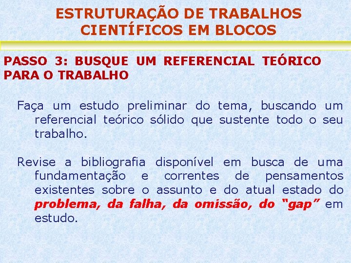 ESTRUTURAÇÃO DE TRABALHOS CIENTÍFICOS EM BLOCOS PASSO 3: BUSQUE UM REFERENCIAL TEÓRICO PARA O