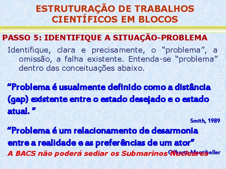 ESTRUTURAÇÃO DE TRABALHOS CIENTÍFICOS EM BLOCOS PASSO 5: IDENTIFIQUE A SITUAÇÃO-PROBLEMA Identifique, clara e