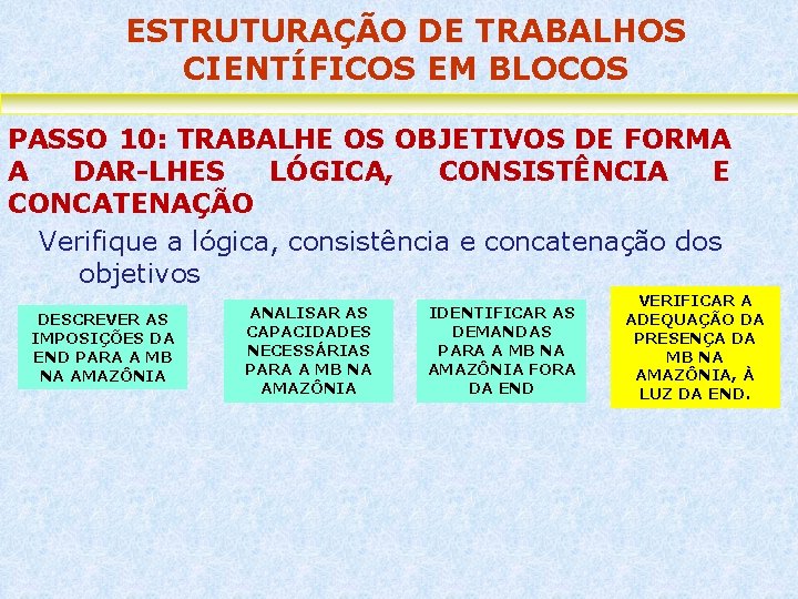 ESTRUTURAÇÃO DE TRABALHOS CIENTÍFICOS EM BLOCOS PASSO 10: TRABALHE OS OBJETIVOS DE FORMA A