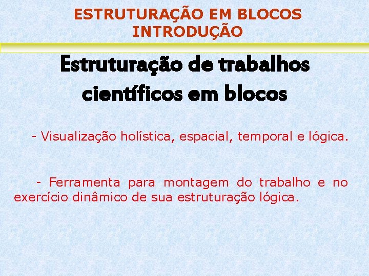 ESTRUTURAÇÃO EM BLOCOS INTRODUÇÃO Estruturação de trabalhos científicos em blocos - Visualização holística, espacial,