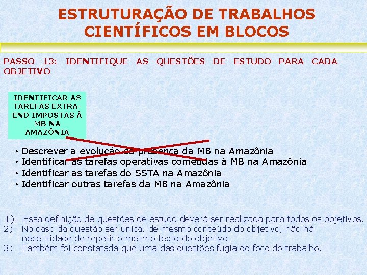 ESTRUTURAÇÃO DE TRABALHOS CIENTÍFICOS EM BLOCOS PASSO 13: IDENTIFIQUE AS QUESTÕES DE ESTUDO PARA