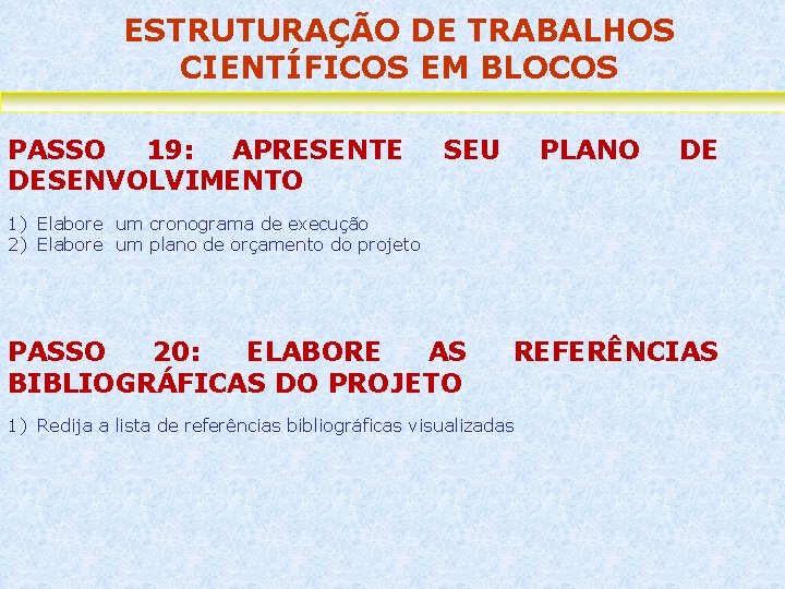 ESTRUTURAÇÃO DE TRABALHOS CIENTÍFICOS EM BLOCOS PASSO 19: APRESENTE DESENVOLVIMENTO SEU PLANO DE 1)