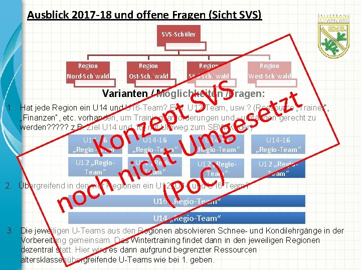 Ausblick 2017 -18 und offene Fragen (Sicht SVS) SVS-Schüler Region Nord-Sch`wald Ost-Sch. `wald Süd-Sch.