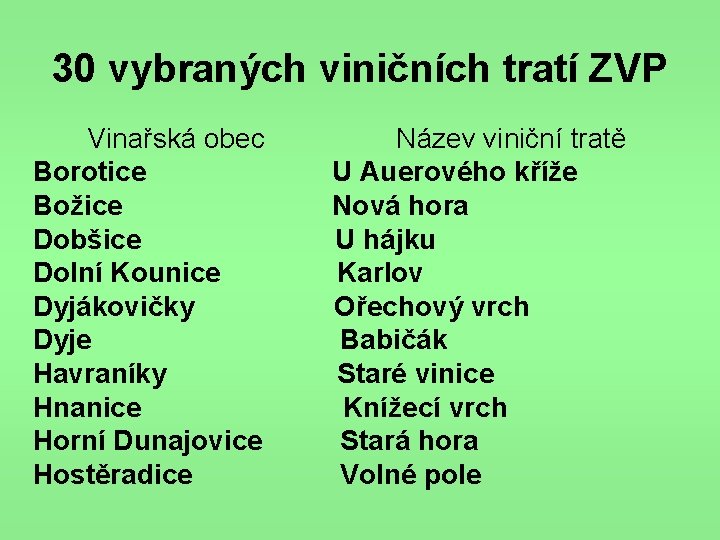 30 vybraných viničních tratí ZVP Vinařská obec Název viniční tratě Borotice U Auerového kříže