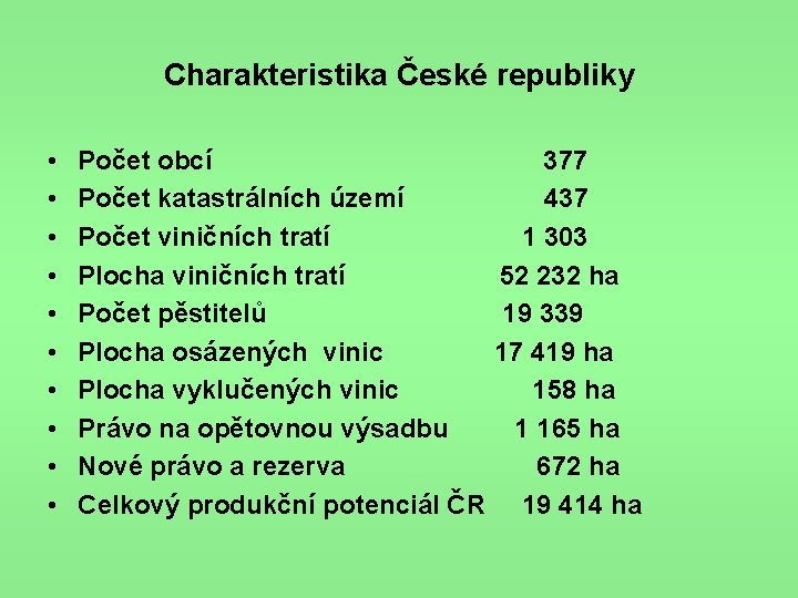 Charakteristika České republiky • • • Počet obcí 377 Počet katastrálních území 437 Počet