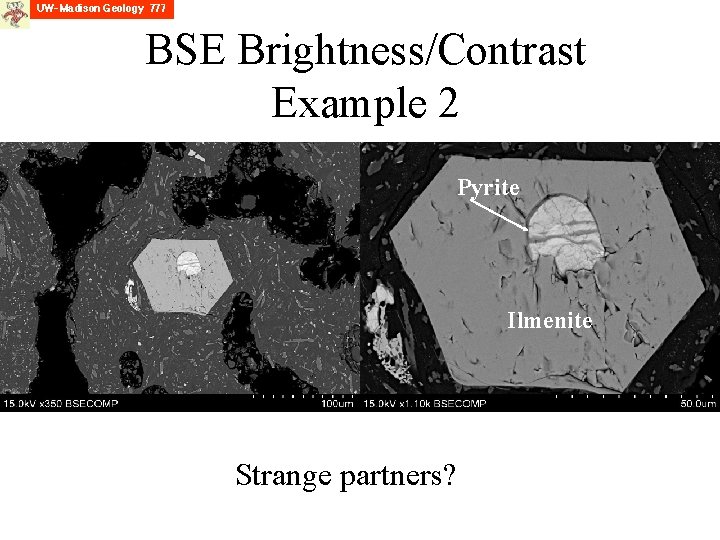 BSE Brightness/Contrast Example 2 Pyrite Ilmenite Strange partners? 