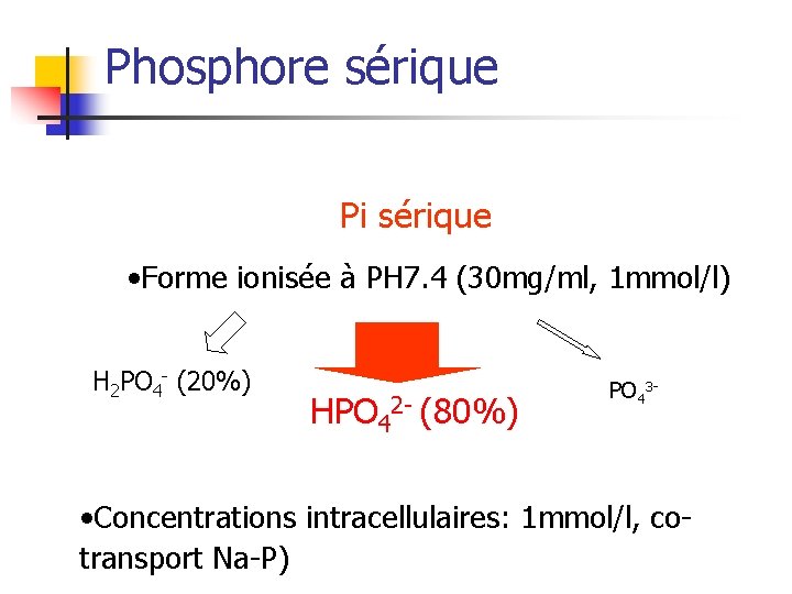 Phosphore sérique Pi sérique • Forme ionisée à PH 7. 4 (30 mg/ml, 1