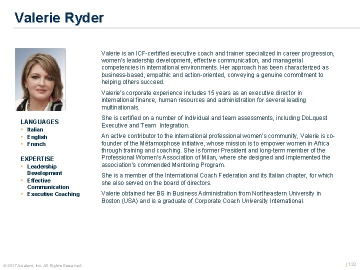 Valerie Ryder Color photo Valerie is an ICF certified executive coach and trainer specialized