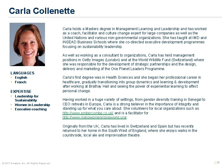 Carla Collenette LANGUAGES • English • French EXPERTISE • Leadership for Sustainability • Women