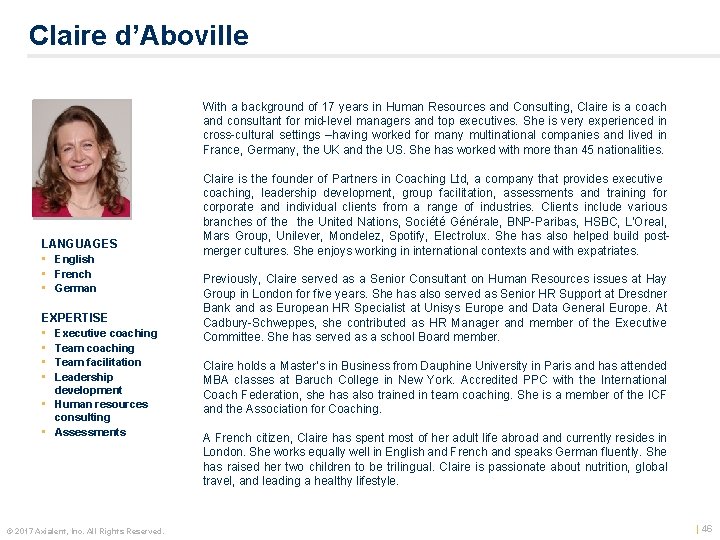 Claire d’Aboville Color photo LANGUAGES • English • French • German EXPERTISE • Executive