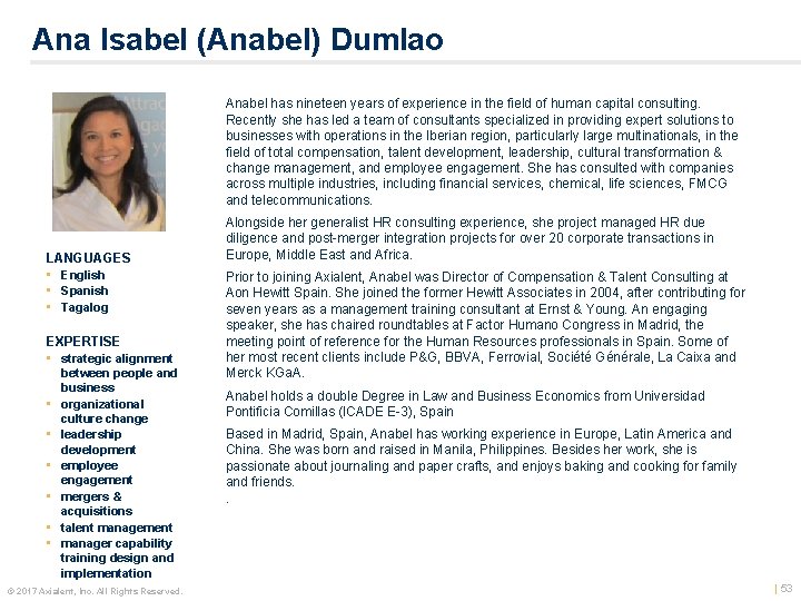 Ana Isabel (Anabel) Dumlao Anabel has nineteen years of experience in the field of