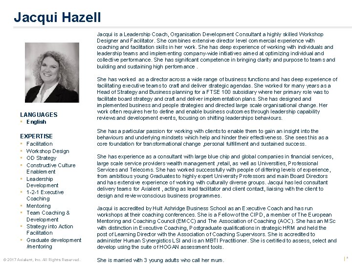 Jacqui Hazell Jacqui is a Leadership Coach, Organisation Development Consultant a highly skilled Workshop