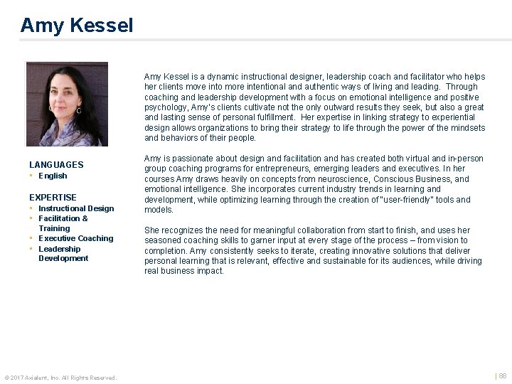 Amy Kessel 1. 66 x 1. 32 grey border LANGUAGES • English EXPERTISE •