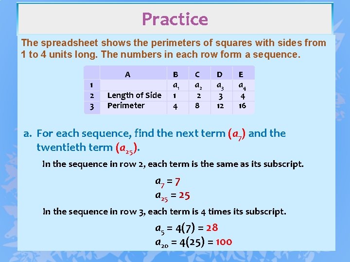 Practice The spreadsheet shows the perimeters of squares with sides from 1 to 4