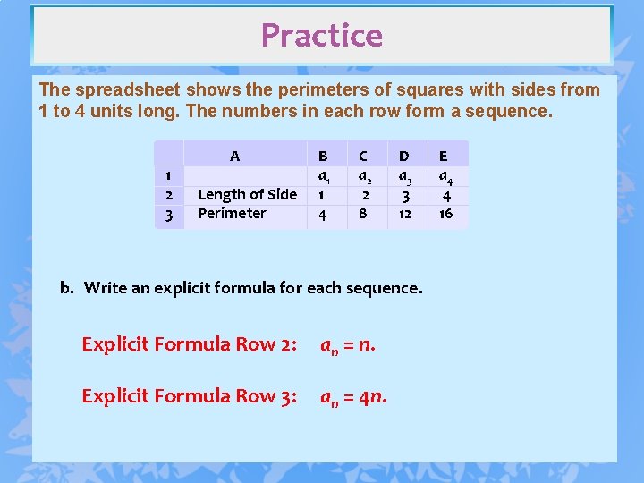 Practice The spreadsheet shows the perimeters of squares with sides from 1 to 4