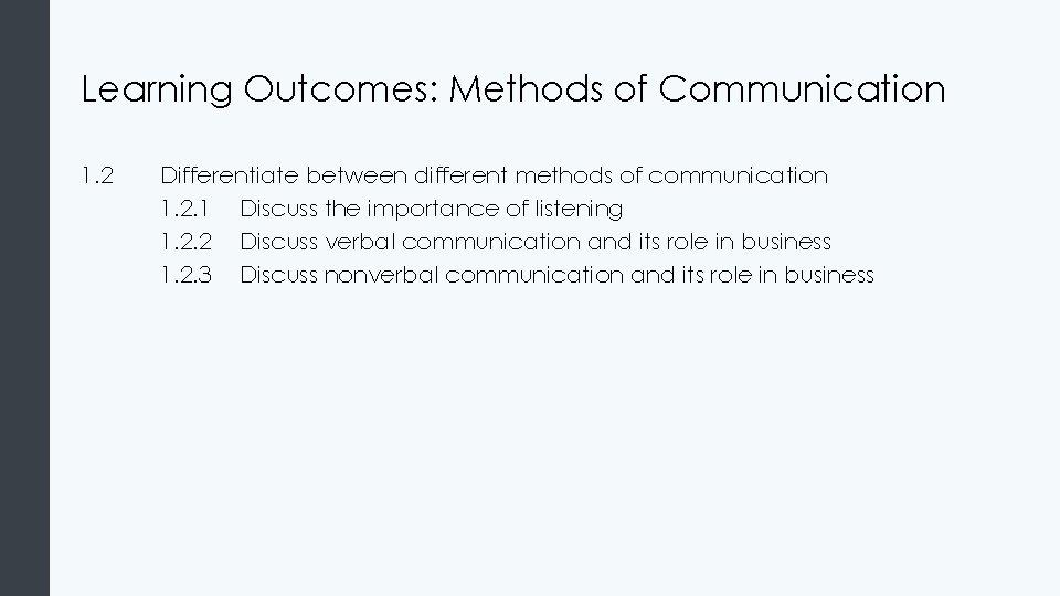 Learning Outcomes: Methods of Communication 1. 2 Differentiate between different methods of communication 1.
