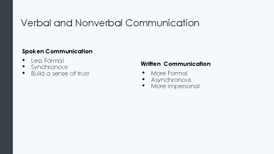 Verbal and Nonverbal Communication Spoken Communication • • • Less Formal Synchronous Build a