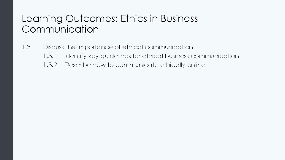 Learning Outcomes: Ethics in Business Communication 1. 3 Discuss the importance of ethical communication