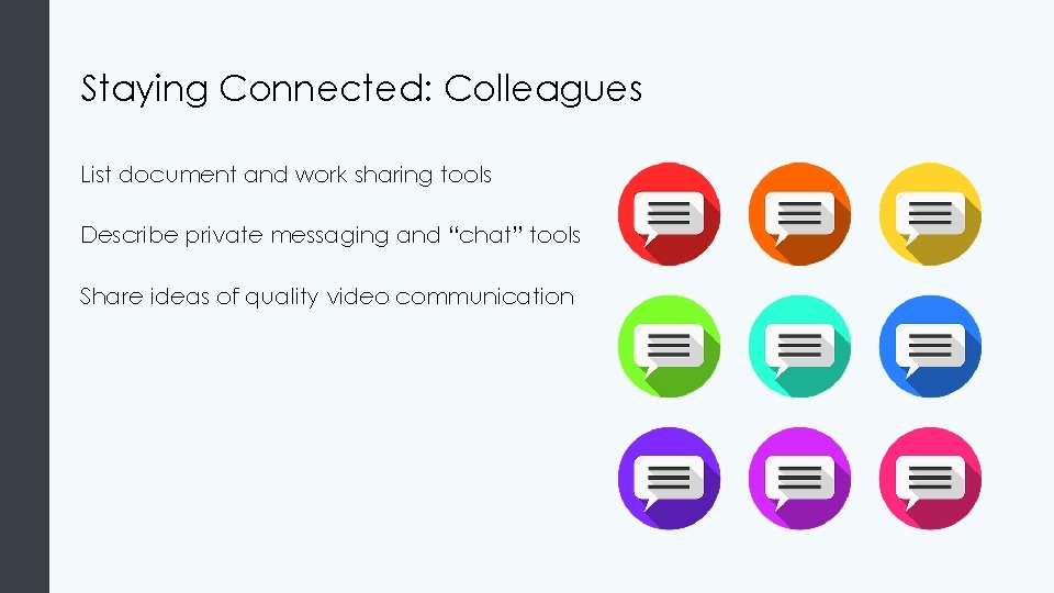 Staying Connected: Colleagues List document and work sharing tools Describe private messaging and “chat”