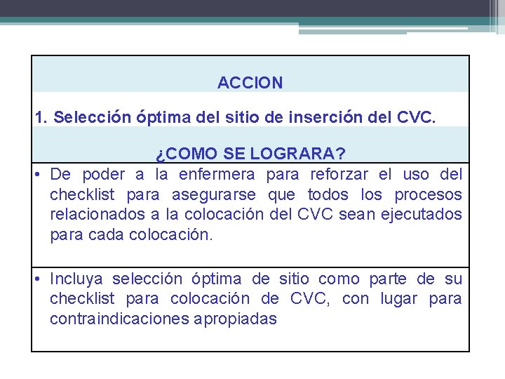 ACCION 1. Selección óptima del sitio de inserción del CVC. ¿COMO SE LOGRARA? •