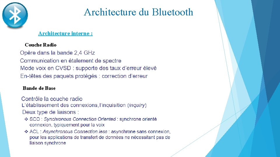 Architecture du Bluetooth Architecture interne : Couche Radio Bande de Base 