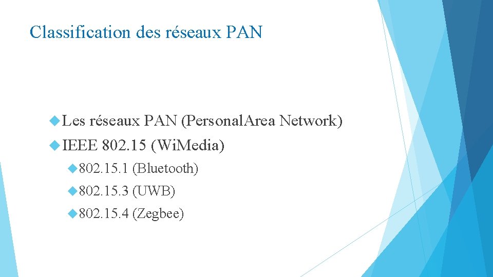 Classification des réseaux PAN Les réseaux PAN (Personal. Area Network) IEEE 802. 15 (Wi.