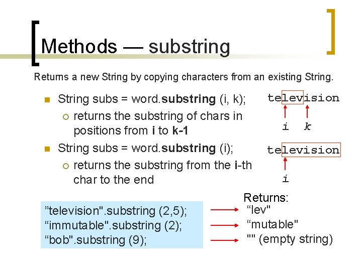 Methods — substring Returns a new String by copying characters from an existing String.