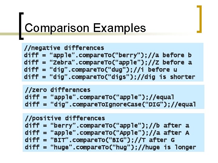 Comparison Examples //negative differences diff = “apple”. compare. To(“berry”); //a before b diff =