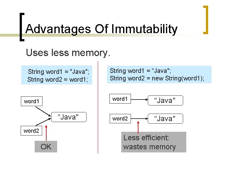 Advantages Of Immutability Uses less memory. String word 1 = "Java"; String word 2