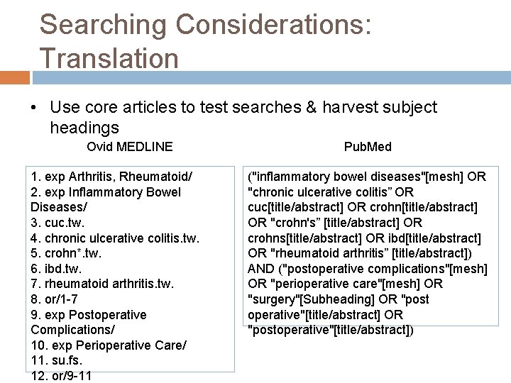 Searching Considerations: Translation • Use core articles to test searches & harvest subject headings