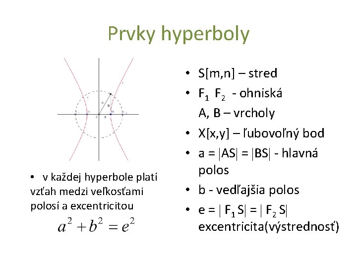 Prvky hyperboly • v každej hyperbole platí vzťah medzi veľkosťami polosí a excentricitou • Prvky hyperboly • v každej hyperbole platí vzťah medzi veľkosťami polosí a excentricitou •