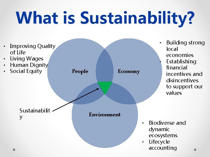 What is Sustainability? • Improving Quality of Life • Living Wages • Human Dignity